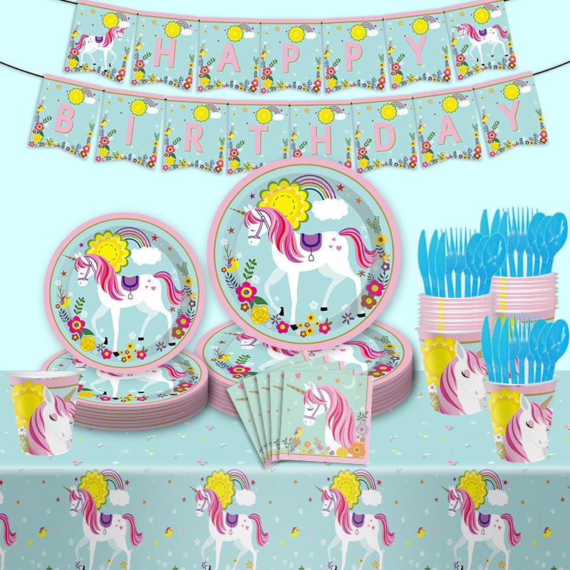 Flowers Rainbow Unicorn Children'S Birthday Party Cutlery Paper Plates Paper Cups Tissue Tablecloths Decorative Set