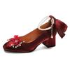 Square head high heels thick heel Mary Jane shoes new red wedding shoes bow pearl medium heel single shoes