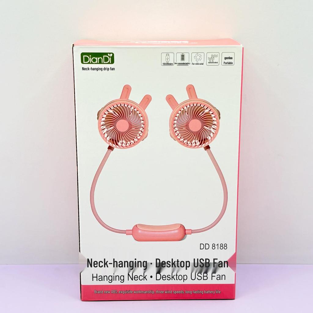 Portable Cartoon Pocket Fan: USB Rechargeable, Hanging Neck, Desktop Use, Ideal for Students & Outdoor Activities
