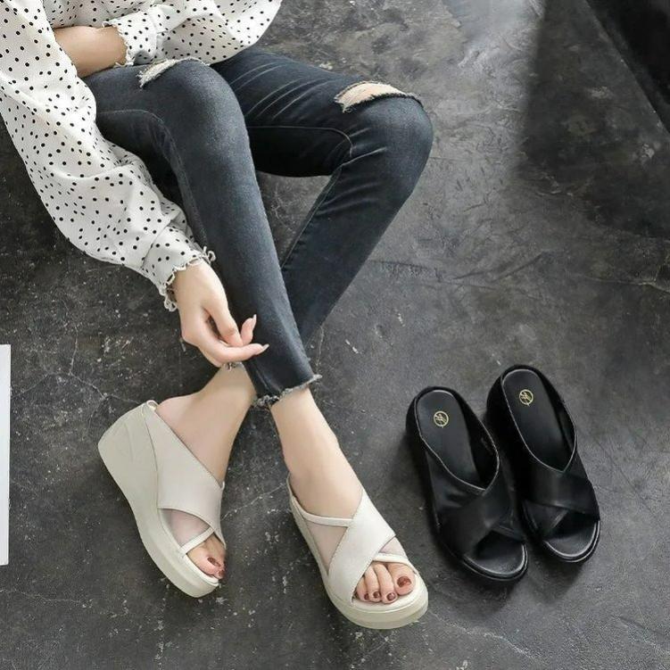Fish Mouth Thick-soled Wedge Sandals and Slippers, Open-toed Breathable Fashion Women's Shoes, Simple Solid Color Slippers