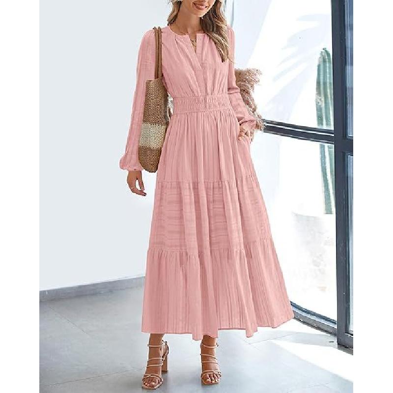 Abito da donna a maniche lunghe con scollo a V, pieghettato e a maniche a sbuffo