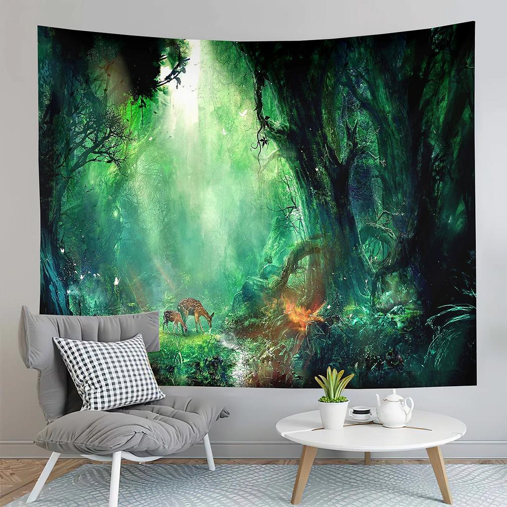Fairy Tale Forest Tapestry Full Moon Night  Red Mushroom  Living Room Bedroom Dormitory
