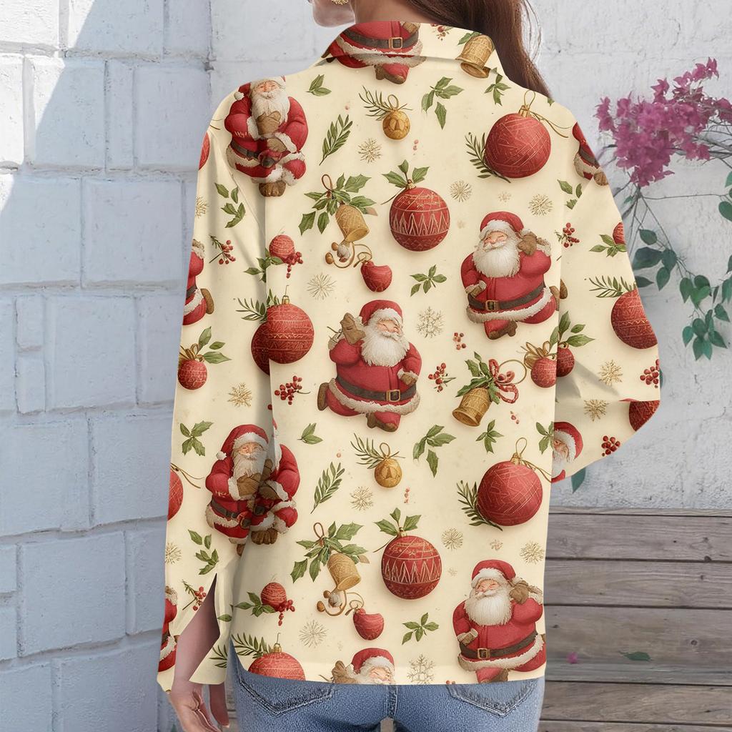 Women's Christmas Printed Button Up Long Sleeved Casual Regular Shirt With Collar Top