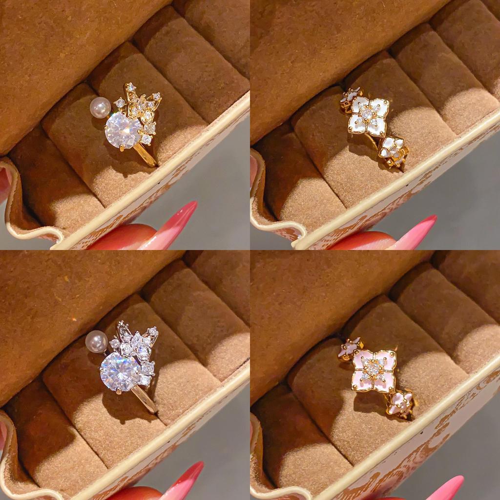 Floral Zircon Gemstone Gold Plated Open Ring For Women Elegant Hand Jewelry