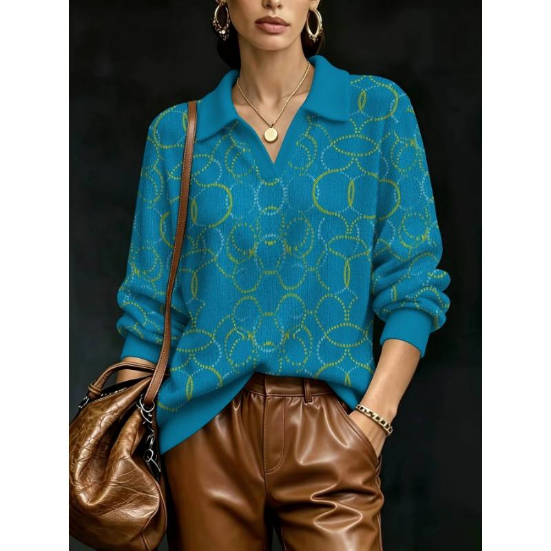 2026 New Women's Loose Printed Faux Wool Knitted Pullover Retro Geometric Ring Pattern Lapel V-Neck Top