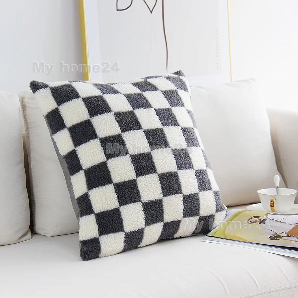 1 pièce 45*45cm 50*50cm Housse de Coussin Peluche à Carreaux Tissée Housse de Coussin Jeté pour Voiture Canapé Housse de Coussin en Velours Court Coussin
