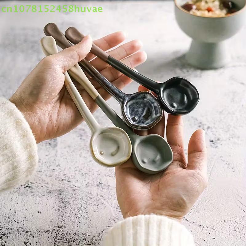 Long Handle Crooked Spoon Cute Exquisite Stoneware Retro Afternoon Tea Coffee Stirring Spoon High Value Handmade Spoon Spoon