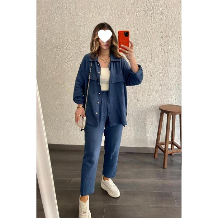 2024 Plus Size Women's Casual Crepe Loose Lapel Long Sleeve Shirt Set - European & American Style