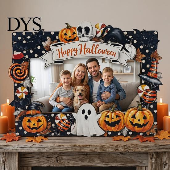 Halloween Picture Frame Wooden Photo Frame, Pumpkin Ghost Cat Cutout Holiday Portrait Holder, Double-sided Tabletop Decor for Home Party Indoor Table