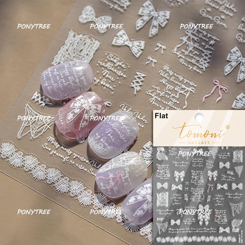 Delicate White Lace Bowknot Simulated Fabric Ribbon Silver Stamped Noble Rhinestone 5D Adhesive Nail Art Sticker Manicure Decal