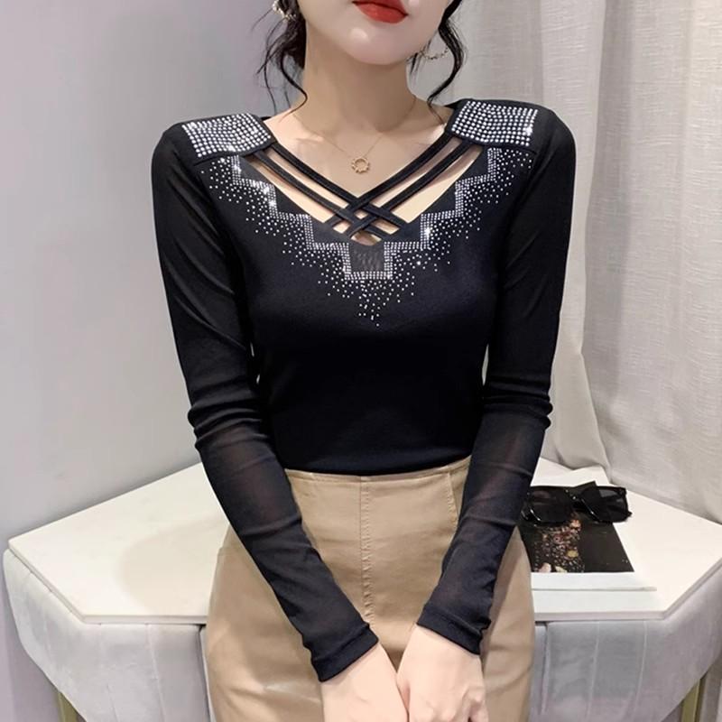 Streetwear Women's Clothes T-Shirt Spring Autumn High Quality Hot Diamonds Long Sleeve Tops Ladies Sexy V-Collar Mesh Tees
