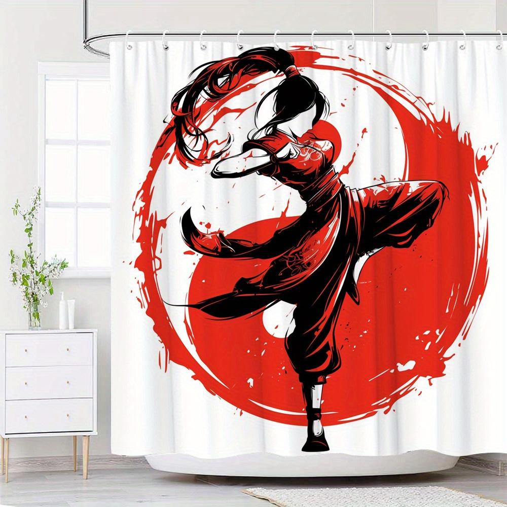 

1pc Dynamic Martial Artist Shower Curtain Vibrant Artistic Style Red Outfit High Ponytail Powerful Stance Red Yin-Yang Backgroun 90x180cm