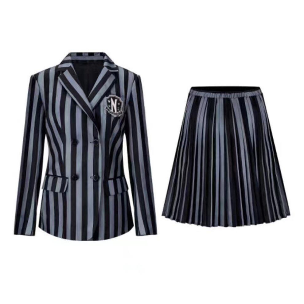 Wednesday Addams Family Costume Set for Girls Striped School Uniform Set Jacket, Skirt, Wig Set Halloween Costume