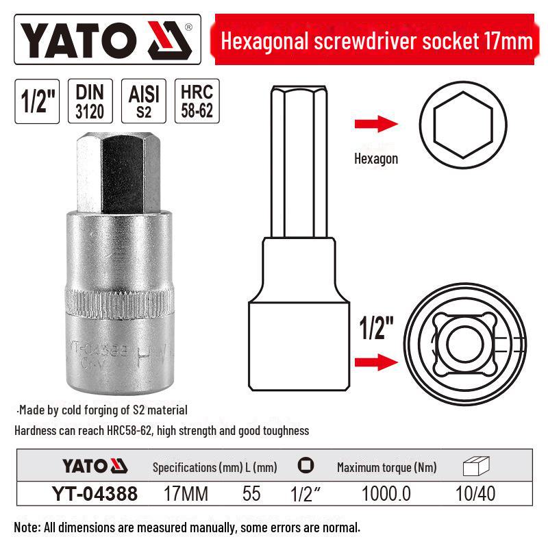 YATO 1/2" Hex Screwdriver Socket Set, S2 Batch Head, Chrome Vanadium Steel