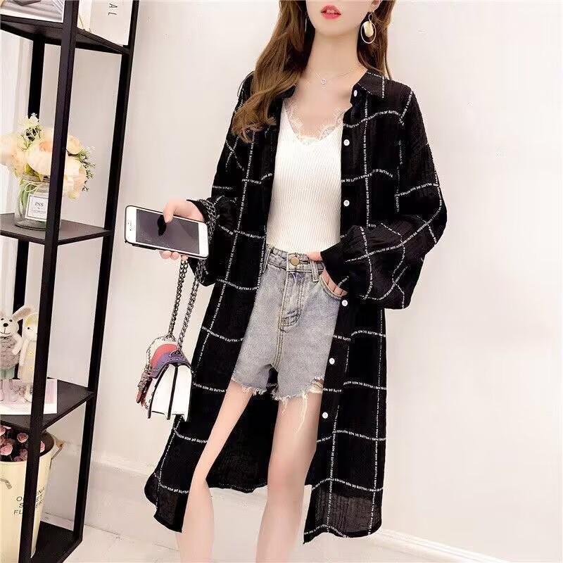 Dongdaemun Women's Summer Plaid Shirt: Lightweight, UV-Protective, Loose-Fit Medium & Long Sleeves.