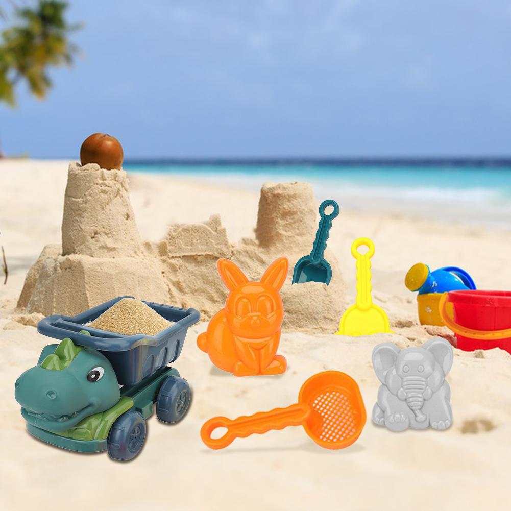 6Pcs Dinosaur Summer Beach Toys with Dump Truck Sand Molds Shovel Rake Sand Sifter Sand Toys for Kids Toddlers Boys Girls