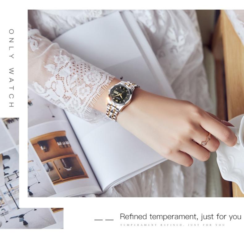 OUPINKE Montres en acier tungstène incrusté de diamants, montre mécanique automatique étanche pour femmes