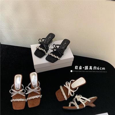 Fashion Square Heel Low Flower High-Heeled Shoes Lady Ladies' Slippers Block Summer PU Rubber Scandals Fabric Slides Floral Hoof