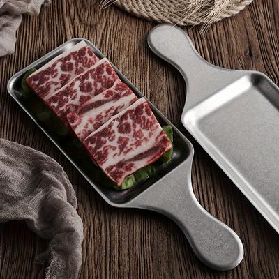 Stainless Steel Rectangular Plate with Handle Made Old Meat Plate Western Food Steak Sushi Plate, Flat Bottom Tray