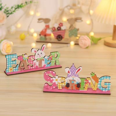 Easter Ornament Bright Color Wooden Signs Rabbit Flower Gnome Pattern Desktop Ornament for Home Festival Decoration