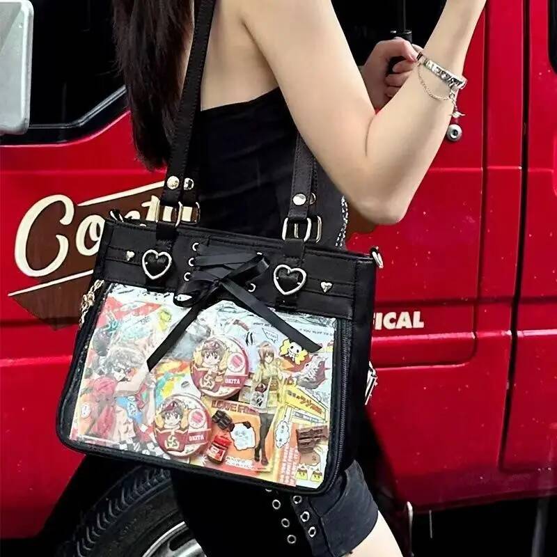 New Y2K Ribbon Bow Ita Crossbody Bag Anime Girls Transparent Large Capacity Shoulder Bag DIY Display Handbag Lady Satin Tote Bag
