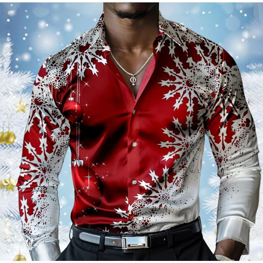 Heren Snowflake Print Lange Mouw Shirts Casual Vest Nieuwe Knopen Vakantie Mode Shirts