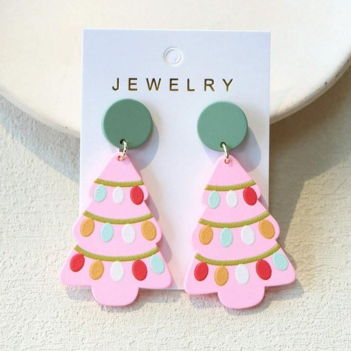 Floral Delightful Geometric Pink Christmas Tree Ear Studs For Celebrations Joyful