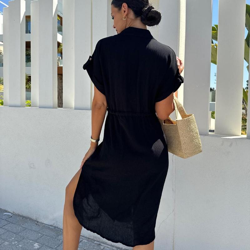 Mode Neues Schnürung Taille Lässiges Lockeres Hemdblusenkleid Damen Sommer Kurzarm Einfarbig Damen Sexy Kleid Elegant Einreihig Einfaches Damenkleid 26090