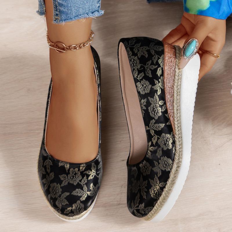 

Модные туфли на покатом каблуке, осенние, новые, с круглым носком, с мелким горлом, с принтом, с плетеной соломенной подошвой, легкие, с мягкой подошвой, женские туфли 42 чёрный