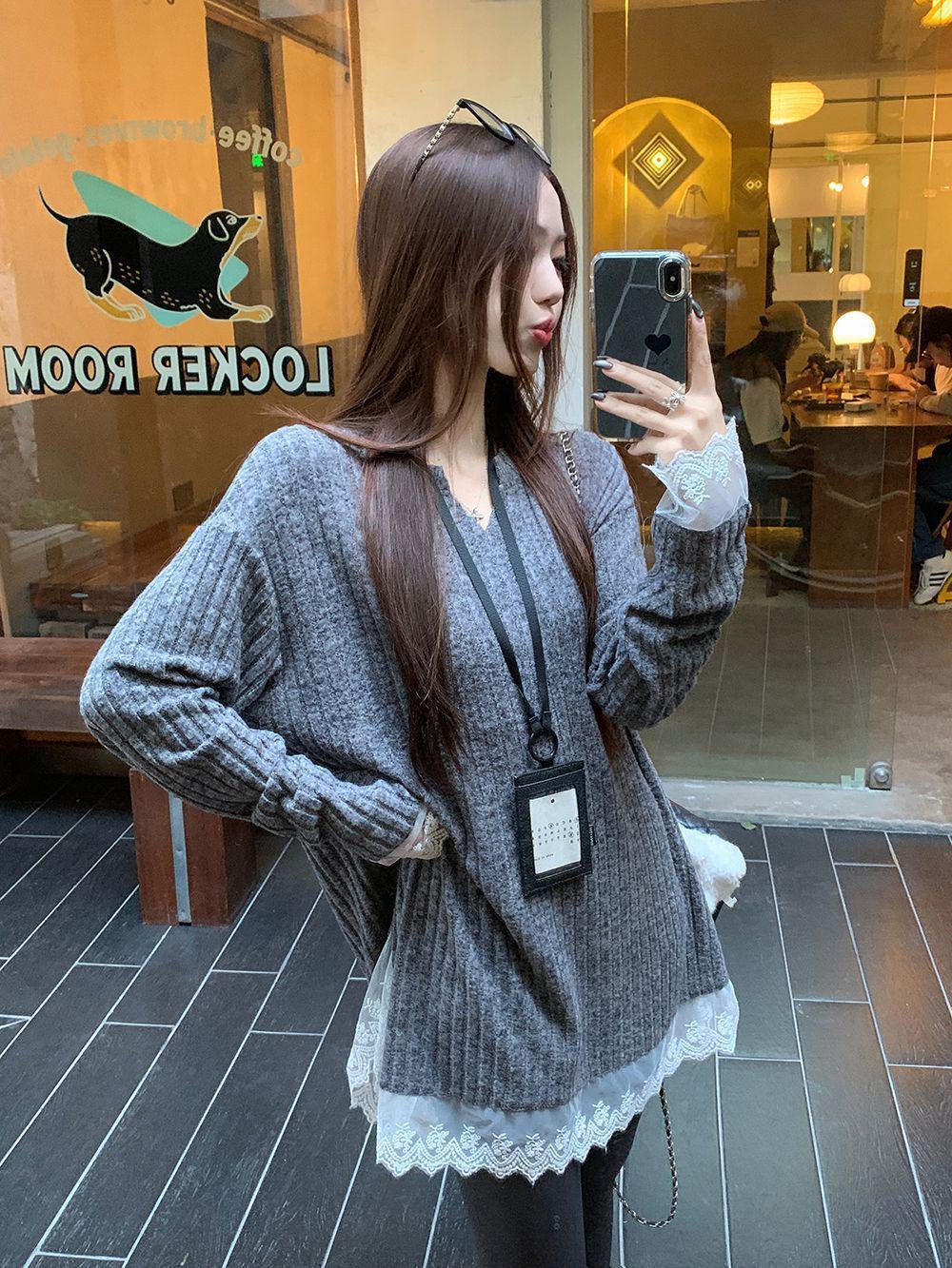 

Женский зимний вязаный свитер с V-образным вырезом и кружевной отделкой - Мягкий, теплый, свободный, приталенный дизайн M темно-серого