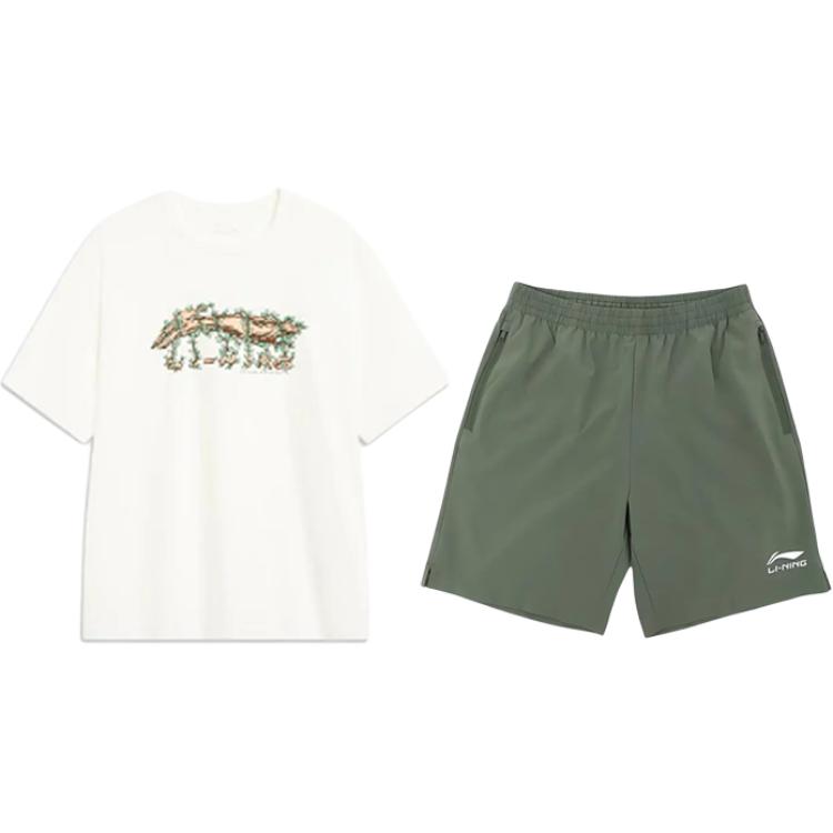 

Li Ning Принт логотипа с буквами и растениями Модный универсальный пуловер с круглым вырезом и короткими рукавами Шорты со средней посадкой на завязках Повседневный спортивный костюм AHSU973-1+YKSV147-1 L