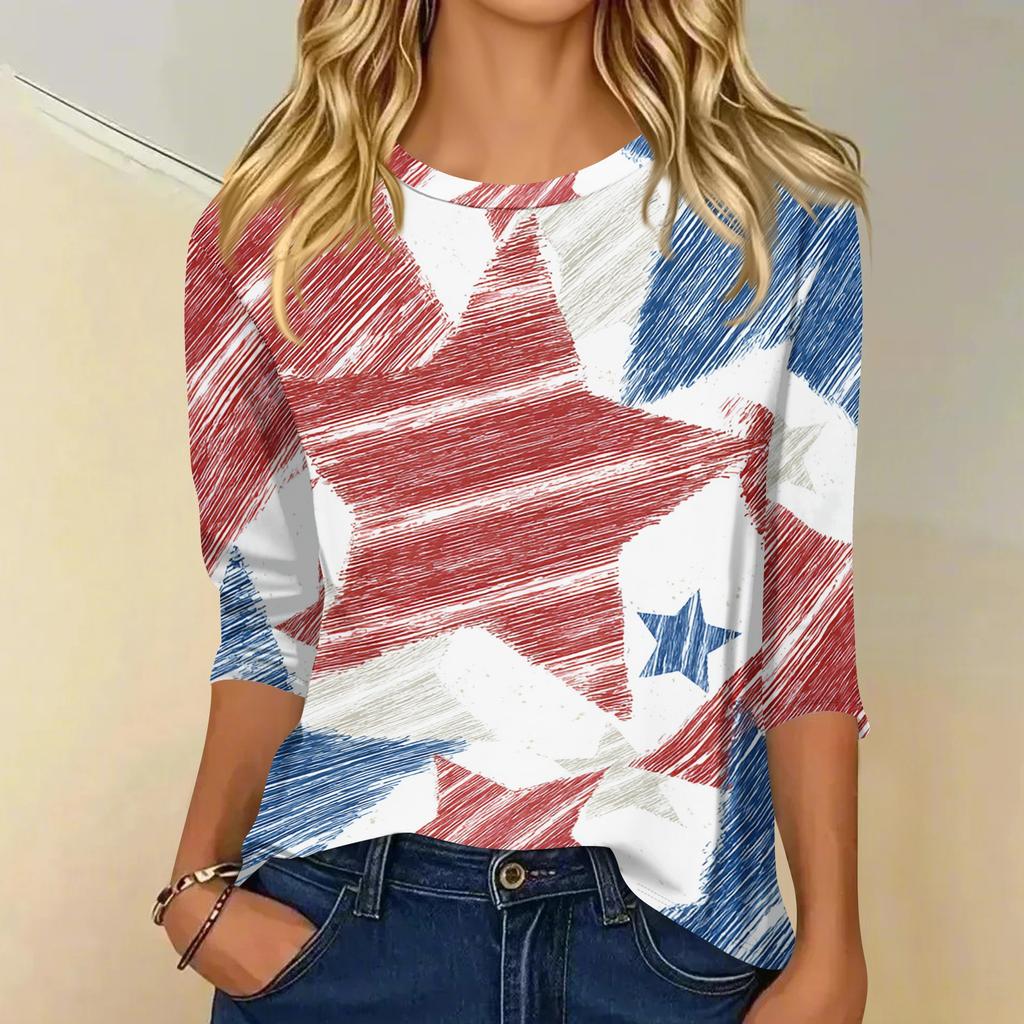 Women's fashionable casual round neck three-quarter sleeve Independence Day printed T-shirt top