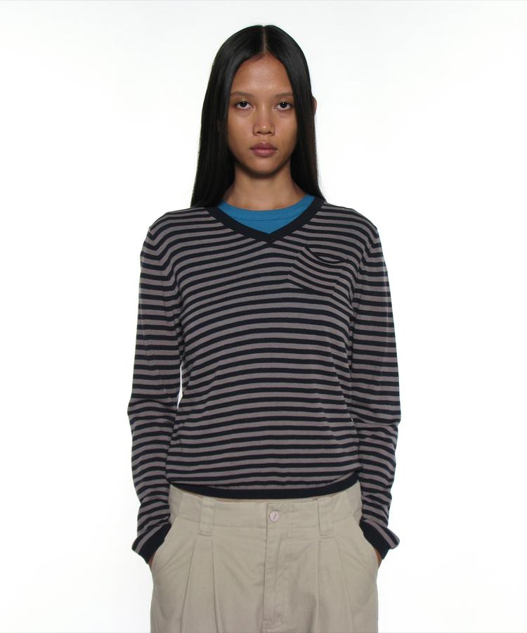 PARTIMENTO WOMEN Pwc Sheer V-Neck Knit Sweater_Navy Stripe