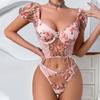 2 Pcs Sexy Lace Flower Embroidery Underwear Set Women's Bra Mesh Bubble Sleeve Tether Top with Steel Ring Bras and Thongs Sets