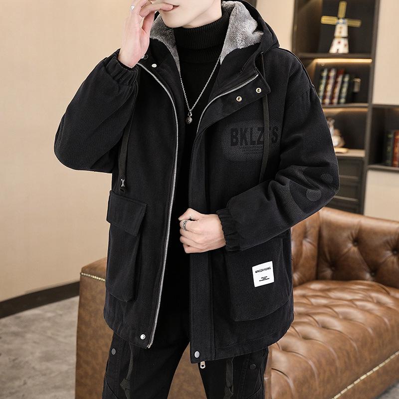 Trendy Mid-Length Men’s Winter Denim Parka with Plus Velvet Hood