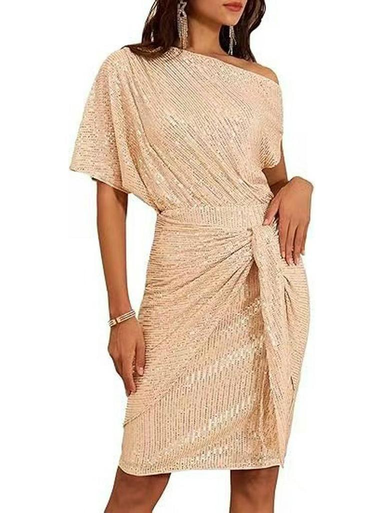 Cross-Border Glitter One-Shoulder Ruffled Party Dress for Women