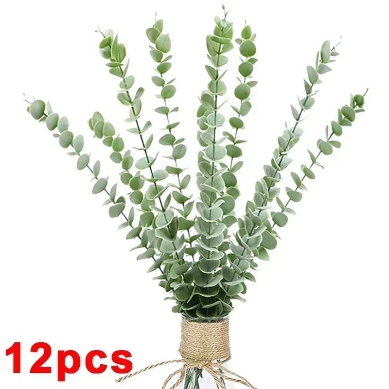 12/36pcs Green Artificial Eucalyptus Stems Fake Plants Eucalyptus Leaves Branches Flower Bouquet Wedding Christmas Party Decor