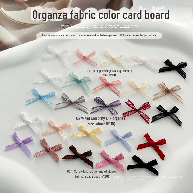 Silk Organza Bow Nail Accessories with Lace Ribbon and Diamond Embellishments