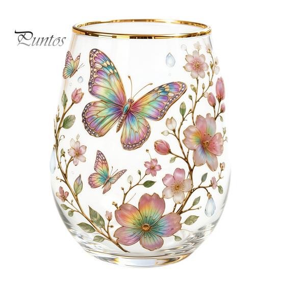 Retro Enamel Style Cup Hand Painted Glass Tumbler, Egg Shaped with Gold Rim, Clear Lead-Free Ocean Turtle Pattern Mug for Tea Coffee Wine Juice