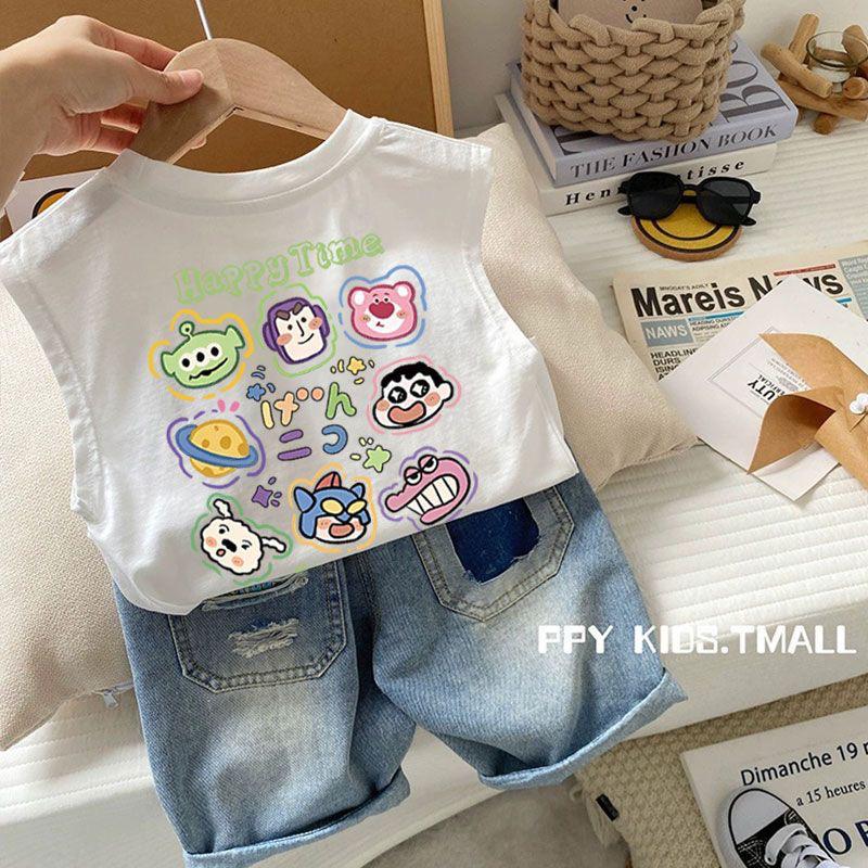 Summer Cotton Kids Sleeveless T Shirt Cartoon Print Boys Girls Vest Baby Casual Versatile Top