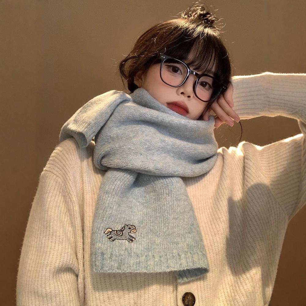 New Embroidered Pony Knitted Wool Scarf Women's Autumn and Winter Korean Version Versatile Small Fresh Couple Scarf Men