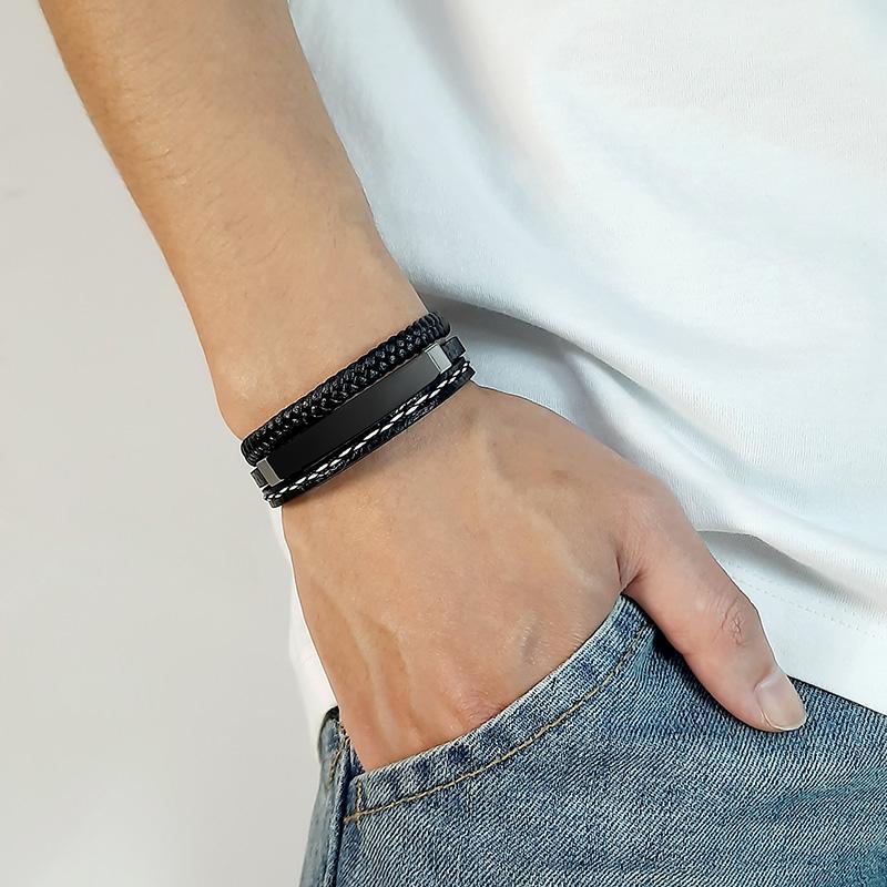 Vnox Bracelets Multi-couches en Cuir Personnalisés avec Logo Nom Citation pour Hommes Bracelet Identité en Acier Inoxydable Personnaliser Cadeau Papa Père