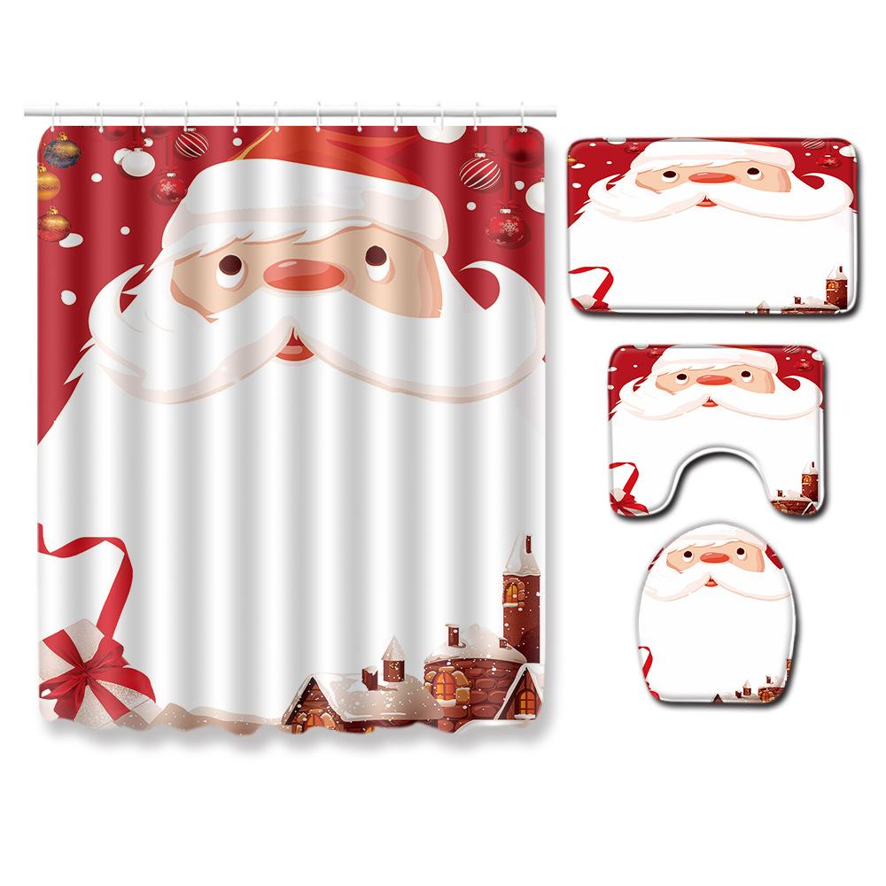 Christmas Shower Curtain Floor Mat Combination Four-Piece Set Bathroom Toilet Carpet Shower Room Mat Foot Mat