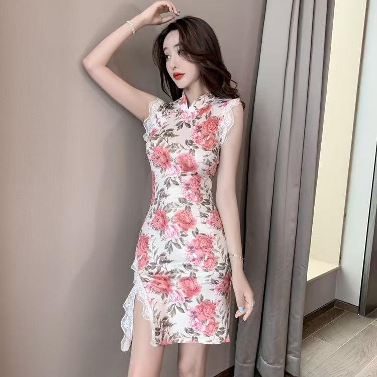 Chic Lace Patchwork Cheongsam Slit Dress - Women's Summer Slim Fit Skirt