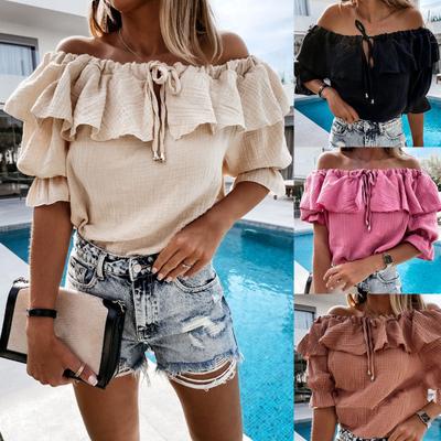 Blouse Shirt Simple Design Chic Solid Color Spring Summer Ruffle Off Shoulder Women Tops for Shopping