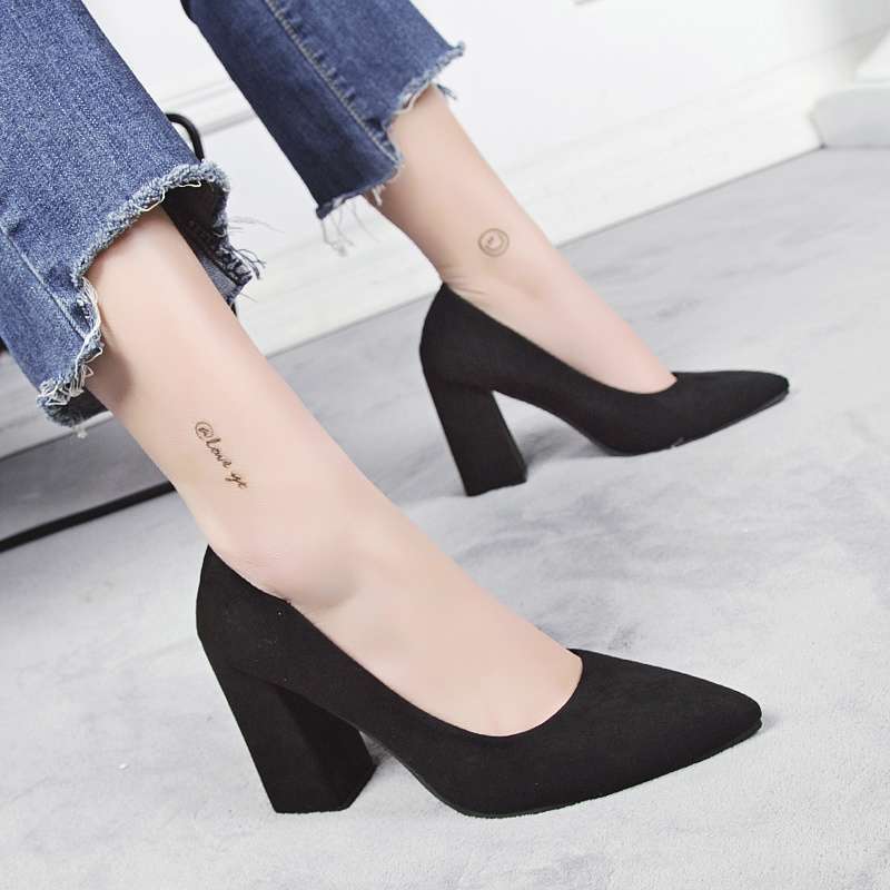 Work Shoes Women's Black Career Interview Work Dress Pointed High Heels Women's Thick Heels Medium Heel Comfortable Single Shoes Women's Shoes