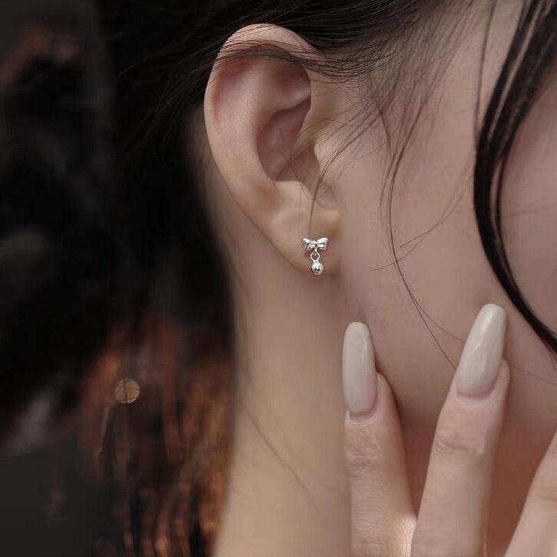 S999 Sterling Silver Small Bow Bead Stud Earrings for Women - Simple, Sweet Jewelry