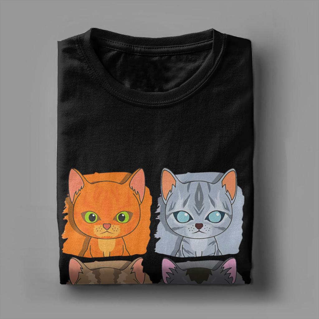 Guerrier Félin Loisirs Quatre Chatons T-shirts Unisexe Col Rond 100% Coton T-shirt Chat Samouraï Manches Courtes T-shirt Vêtements Grandes Tailles