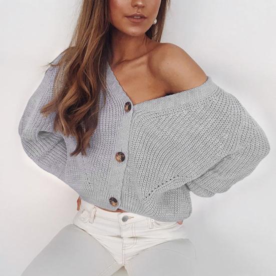 Knitted Cardigan Solid Color Long Sleeve Polyester Single-Breasted Women Sweater for Autumn