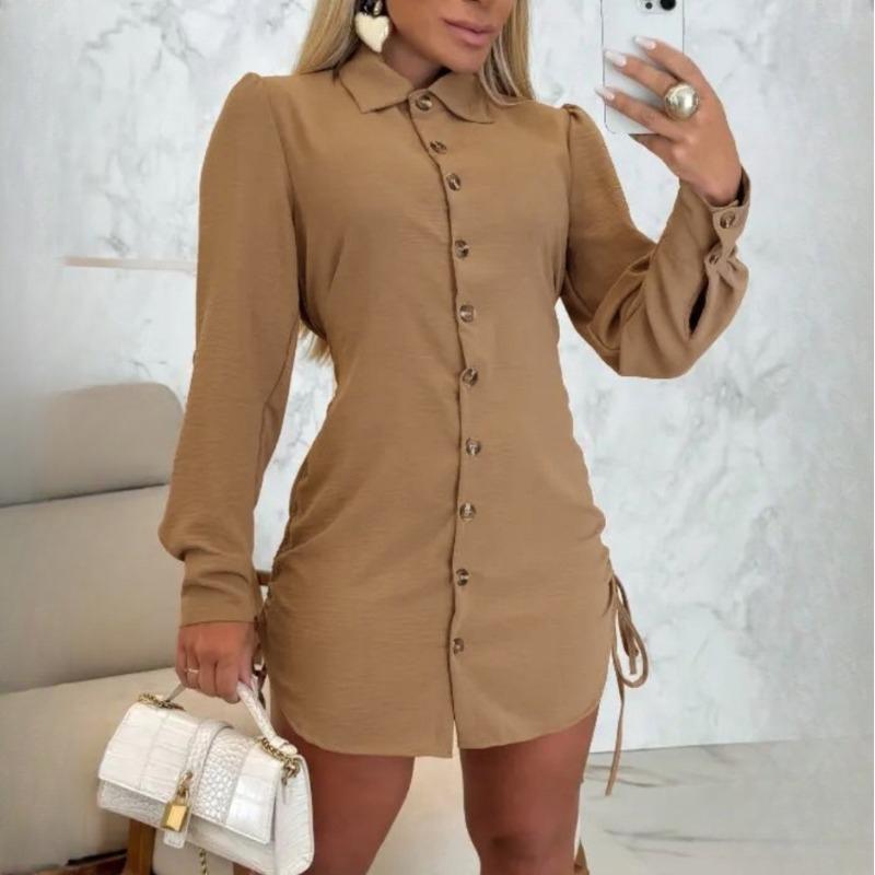 Women's Autumn Fashion Long Sleeve Solid Colour Side Drawstring Dresses